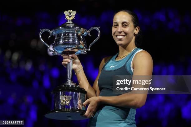 Madison Keys of the United States poses with the Daphne Akhurst Memorial Cup after the Women's Singles Trophy Presentation following the Women's...