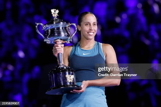 Madison Keys of the United States poses with the Daphne Akhurst Memorial Cup after the Women's Singles Trophy Presentation following the Women's...
