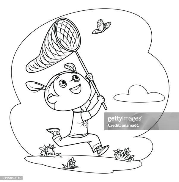 cute girl catching a butterfly - catching bugs stock illustrations
