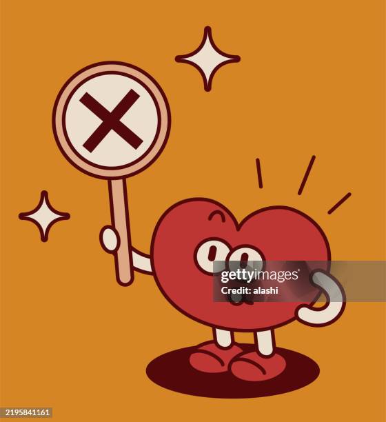 ein niedlicher anthropomorpher herzmensch hält ein schild mit einem kreuzsymbol hoch, das "versagen", "fehler", "stopp", "nein", "abgelehnt", "abbruch" bedeutet - nicht-erwiderte-liebe stock-grafiken, -clipart, -cartoons und -symbole