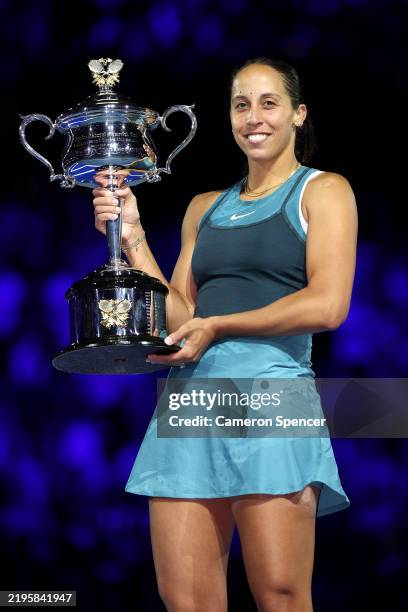 Madison Keys of the United States poses with the Daphne Akhurst Memorial Cup after the Women's Singles Trophy Presentation following the Women's...