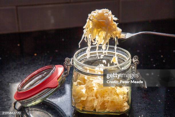 taking a fork-full of sauerkraut from a glass jar - sauerkraut stock pictures, royalty-free photos & images