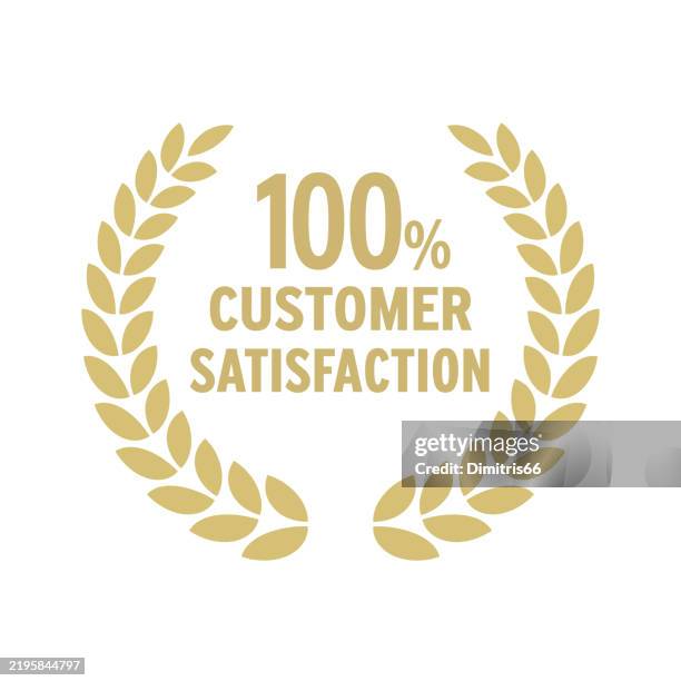 100% customer satisfaction wreath badge - client satisfaction guarantee stock illustrations