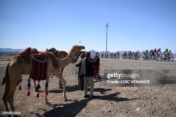 Bystanders with camels watch as the pack cycles past during the first stage of the AlUla Tour cycling race from al-Manshiyah Train station to the...