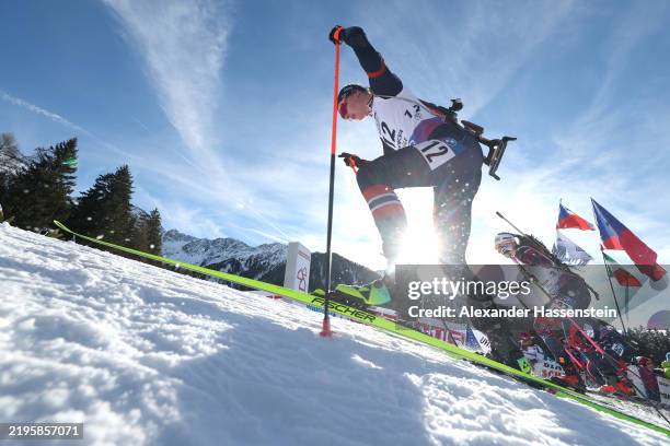 Maren Kirkeeide of Team Norway competes during the Women's 10KM Pursuit Competition of the IBU World Cup Biathlon Antholz on January 25, 2025 in...