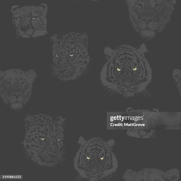 tiger leopard lion cheetah animal heads repeat pattern - leopard head stock illustrations