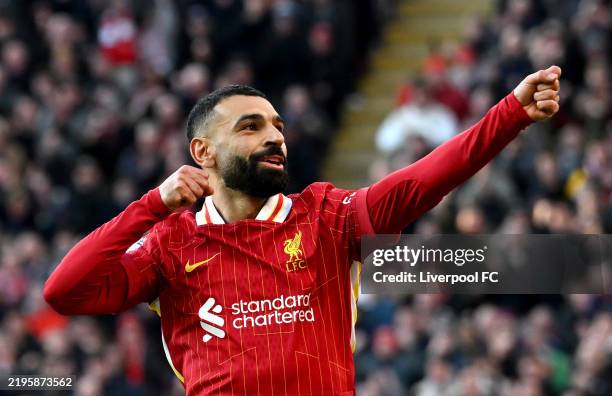 Mohamed Salah of Liverpool celebrates scoring his team's second goal during the Premier League match between Liverpool FC and Ipswich Town FC at...