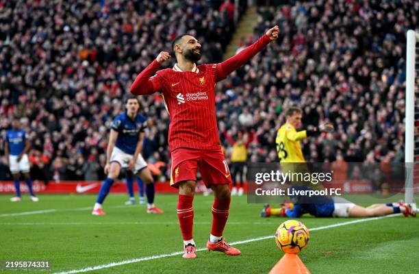 Mohamed Salah of Liverpool celebrates scoring his team's second goal during the Premier League match between Liverpool FC and Ipswich Town FC at...