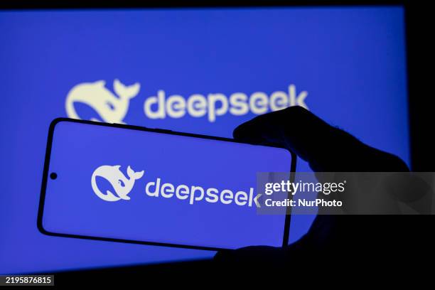 DeepSeek AI logo photo illustration, of the Chinese artificial intelligence company that develops open-source large language models LLM in a fraction...
