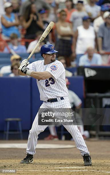 First baseman Jason Phillips of the New York Mets readies for a pitch during the National League game against the Philadelphia Phillies at Shea...