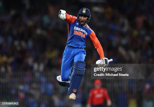 Tilak Varma of India celebrates hitting the winning runs during the T20 International match between India and England at MA Chidambaram Stadium on...