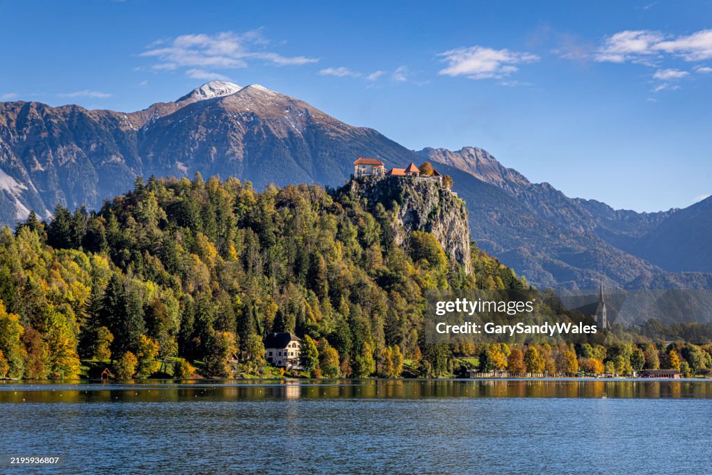 View from the Lake of Bled Castle Perched High Above Lake Bled on a Sunny Colorful Autumn Day with the Towering Julian Alps in the Background, Slovenia, Europe