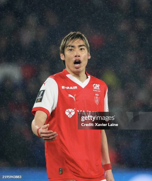 Junya Ito of Reims reacts during the Ligue 1 McDonald's match between Paris Saint-Germain FC and Stade de Reims at Parc des Princes on January 25,...