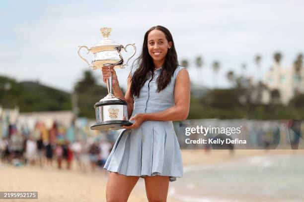 Madison Keys of the United States poses with the Daphne Akhurst Memorial Cup during the 2025 Australian Open Women's champion media opportunity at...