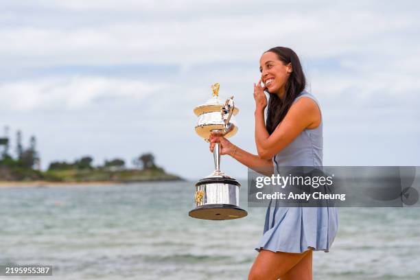 Madison Keys of the United States poses with the Daphne Akhurst Memorial Cup during the 2025 Australian Open Women's champion media opportunity at...