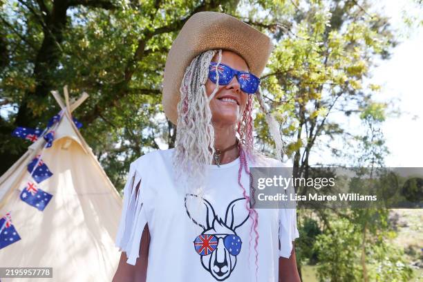 Vicki Connors wears Australiana clothing while spending the long weekend camping by the Peel River during the Tamworth Country Music Festival on...
