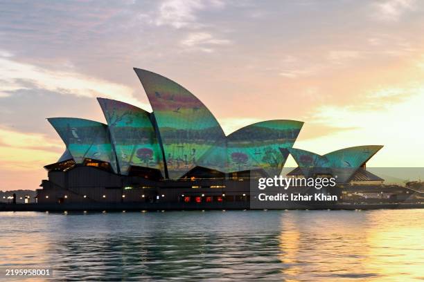 The Sydney Opera House is illuminated by a projection of artwork by Wiradjuri man and renowned artist James P Simon “River Life” on Australia Day on...