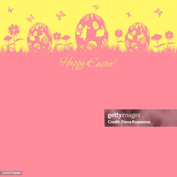 happy easter in sweet flat style. easter decorated eggs on meadow with flowers and butterflies on color background. festive easter template, postcard with copy space. - easter table stock illustrations