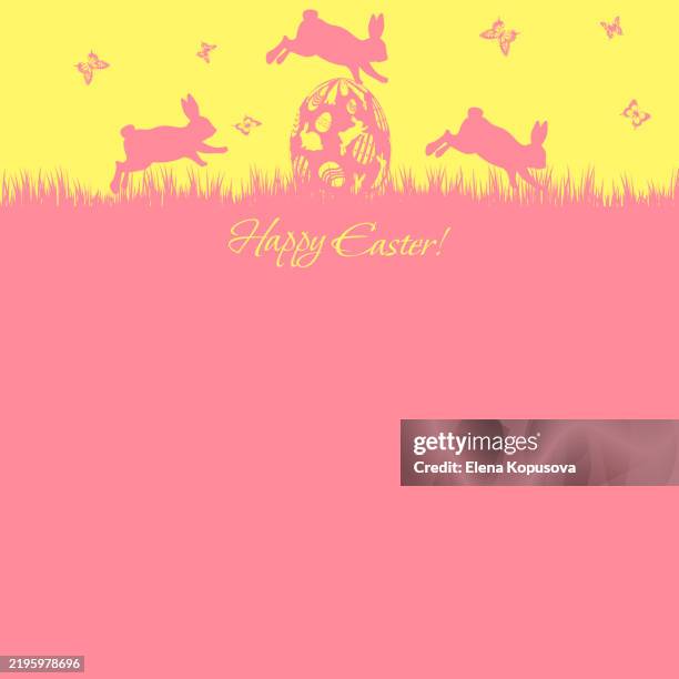 happy easter in sweet flat style. easter bunnies and decorated eggs in grass on color background. festive easter template, postcard with copy space. - easter table stock illustrations