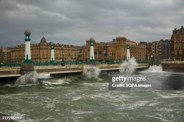 Waves hit the Maria Cristina bridge in San Sebastian, Spain during storm Hermina with waves of almost seven meters today on the Cantabrian Coast.