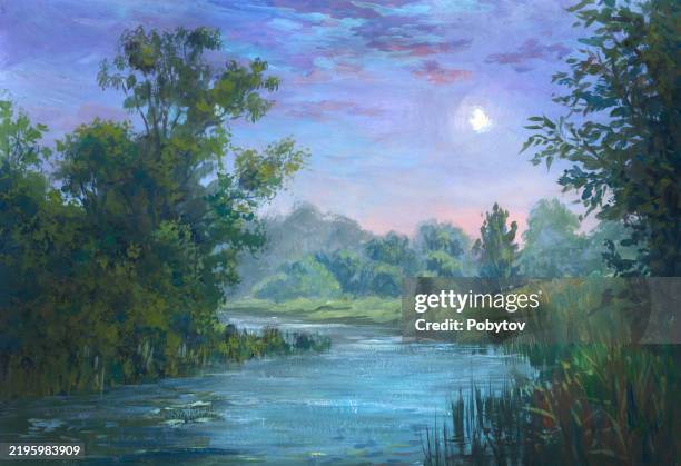 night on the river, painting - oil painting stock illustrations
