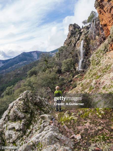 woman looking at the landscape, a waterfall in nature. batuecas valley. sierra de francia. la alberca. salamanca - la alberca location stock pictures, royalty-free photos & images