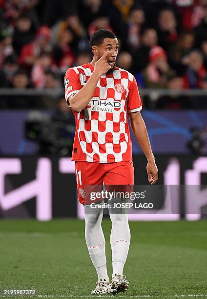 Girona Dutch forward Arnaut Danjuma celebrates scoring his team's first goal during the UEFA Champions League, league phase football match between...