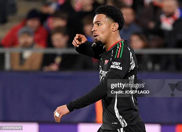 Arsenal's English midfielder Ethan Nwaneri celebrates scoring his team's second goal during the UEFA Champions League, league phase football match...