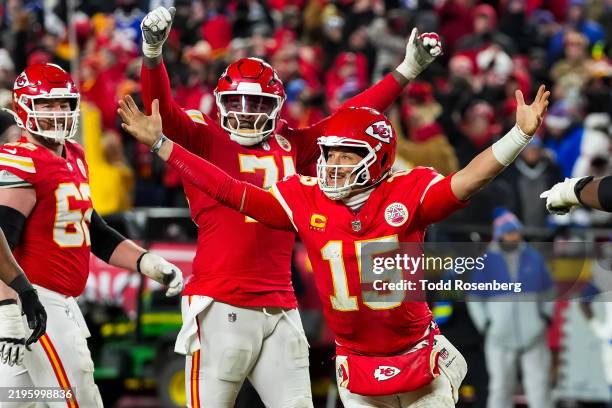 Quarterback Patrick Mahomes of the Kansas City Chiefs celebrates after defeating the Buffalo Bills during the second half of the AFC Championship...