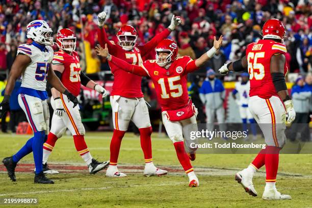 Quarterback Patrick Mahomes of the Kansas City Chiefs celebrates after defeating the Buffalo Bills during the second half of the AFC Championship...