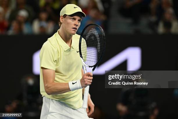 Jannik Sinner of Italy celebrates a point against Alexander Zverev of Germany in the Men's Singles Final during day 15 of the 2025 Australian Open at...