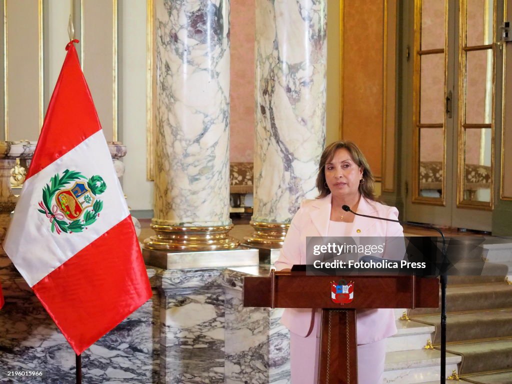 Dina Boluarte, President of Peru, giving statements at the...