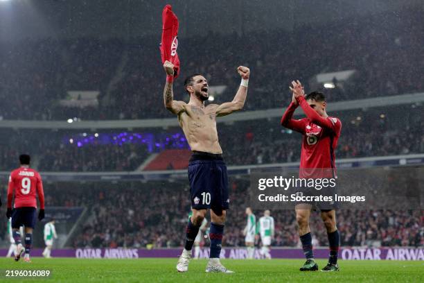 Remy Cabella of Lille celebrates 6-1 with Osame Sahraoui of Lille during the UEFA Champions League match between Lille v Feyenoord at the Stade...
