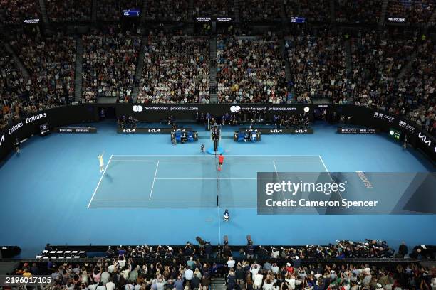 Jannik Sinner of Italy celebrates winning the championship point against Alexander Zverev of Germany in the Men's Singles Final during day 15 of the...