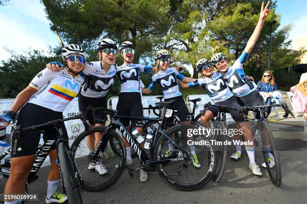 Race winner Marlen Reusser of Switzerland and Movistar Team celebrates with her teammates Ana Vitoria Magalhaes of Brasil, Floortje Mackaij of The...
