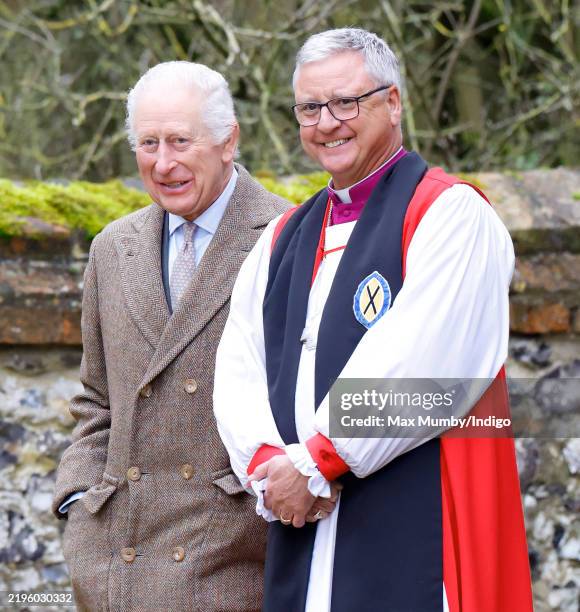 King Charles III, accompanied by The Rt Revd Stephen Lake, Bishop of Salisbury, attends the Sunday service at the Church of St Mary the Virgin, close...
