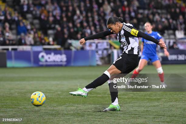 Shania Hayles of Newcastle United scores her team's first goal during the Barclays Women's Championship match between Newcastle United and Portsmouth...