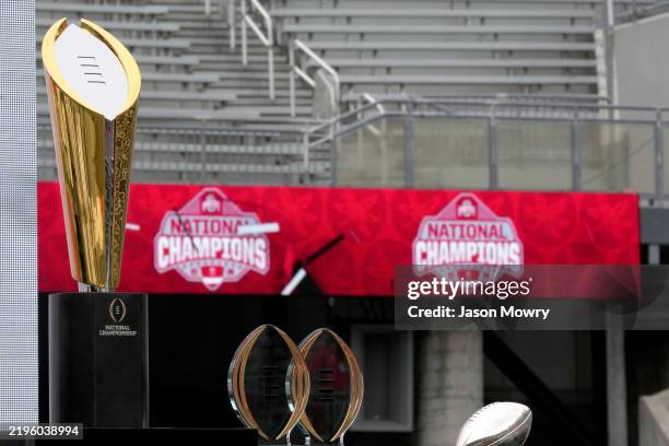 The College Football Playoff National Championship Trophy sits on display before the NCAA Football Championship celebration at Ohio Stadium on...