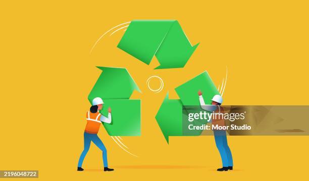 two workers twisting recycling symbol illustration - solid waste management stock illustrations