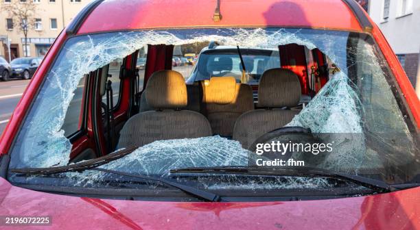 broken windshield on a car after a terrifying crash - traffic accident stock pictures, royalty-free photos & images