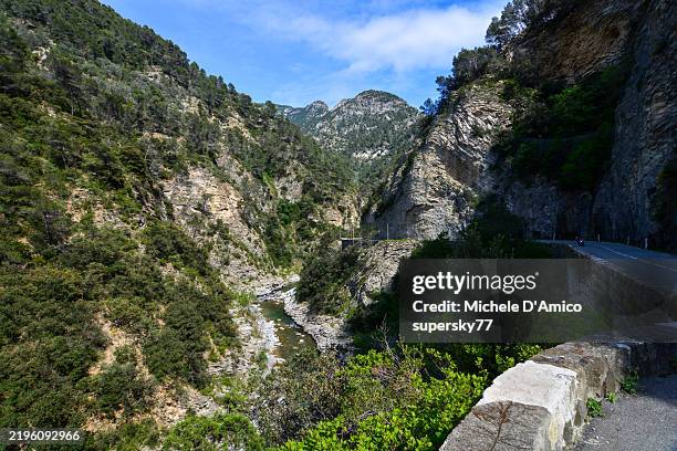 narrow canyon in the alpes maritimes - breil sur roya stock pictures, royalty-free photos & images