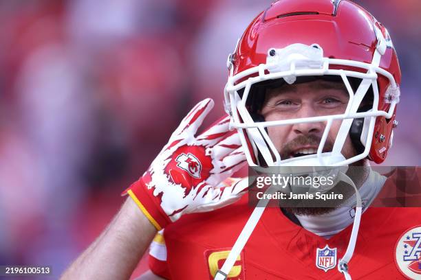 Travis Kelce of the Kansas City Chiefs reacts prior to the AFC Championship Game against the Buffalo Bills at GEHA Field at Arrowhead Stadium on...
