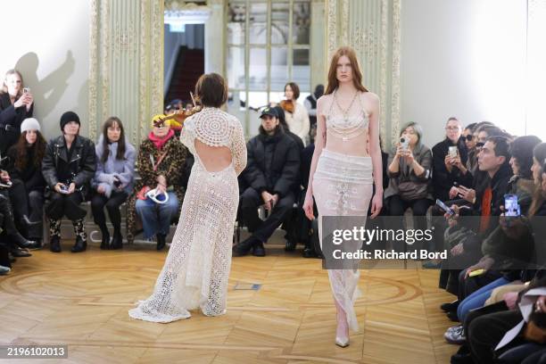 Model walks the runway during the Les Fleurs Studio Menswear Fall-Winter 2025/2026 show as part of Paris Fashion Week at Institut Cervantes on...
