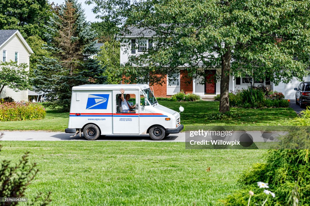 Usps Window Usps Mailman Postal Van Driver Waving Out Window High-Res Stock Photo ...