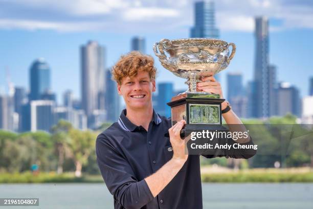Jannik Sinner of Italy poses with the Norman Brookes Challenge Cup during the 2025 Australian Open Men's champion media opportunity at Albert Park...