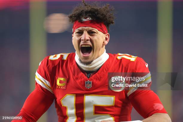 Patrick Mahomes of the Kansas City Chiefs reacts as he runs onto the field prior to the AFC Championship Game against the Buffalo Bills at GEHA Field...
