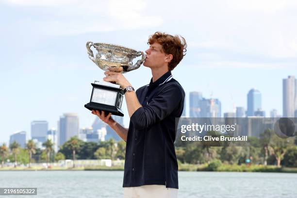 Jannik Sinner of Italy kisses the Norman Brookes Challenge Cup during the 2025 Australian Open Men's champion media opportunity at Albert Park...