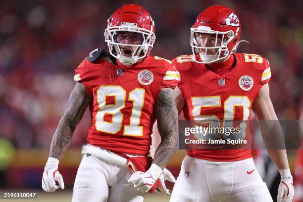 Nikko Remigio of the Kansas City Chiefs celebrates his long punt return with Swayze Bozeman during the second quarter against the Buffalo Bills in...