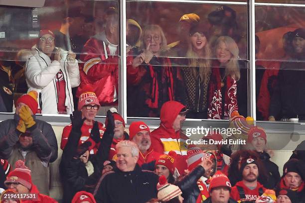 Taylor Swift reacts during the fourth quarter between the Buffalo Bills and Kansas City Chiefs in the AFC Championship Game at GEHA Field at...