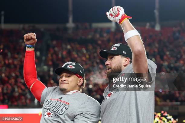Patrick Mahomes and Travis Kelce of the Kansas City Chiefs celebrate after defeating the Buffalo Bills 32-29 in the AFC Championship Game at GEHA...
